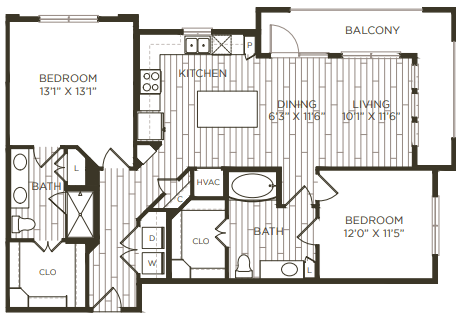 Floor plan for 2 beds, 2 baths, 1212 sqft